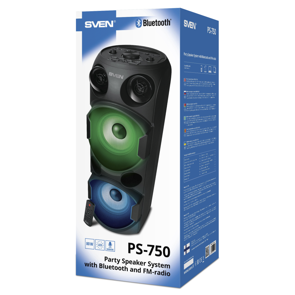 Колонка Bluetooth АС SVEN PS-750, черный (80 Вт, TWS, FM, USB, microSD, LED-дисплей, 2х4400мА*ч)