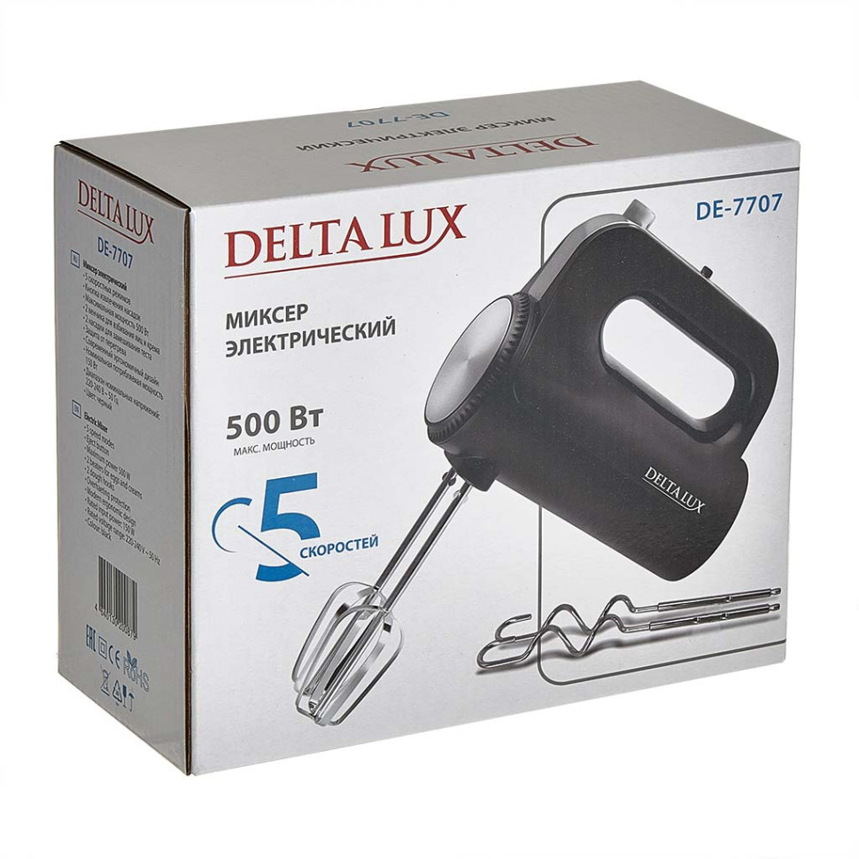 Миксер ручной DELTA LUX DE-7707 (Черный, 500Вт, 5реж., защита от перегрева) Миксер ручной DELTA LUX DE-7707 (Черный, 500Вт, 5реж., защита от перегрева)