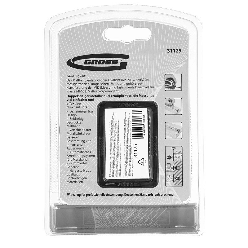 Рулетка Gross "Doppelhaken", 8 м x 25 мм, двухсторонний зацеп, нейлон, двуст. шкала, автоматич.