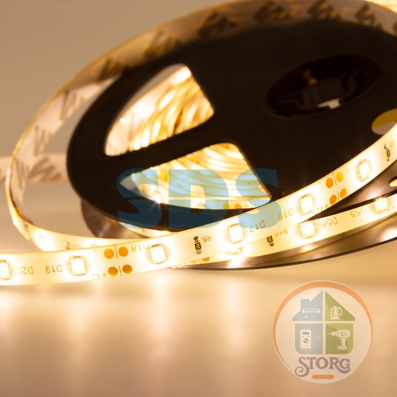 Светодиодная лента LED REXANT 12В, 8мм, IP65,SMD 2835,60 LED/m,12V, ТЕПЛЫЙ БЕЛЫЙ, 3000K (Цена за 5м)