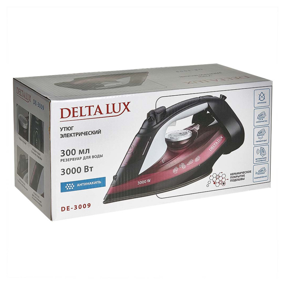 Утюг DELTA LUX DE-3009 Черный с бордовым, 3000Вт,  керамика, антикапля, антинакипь, 3 реж.
