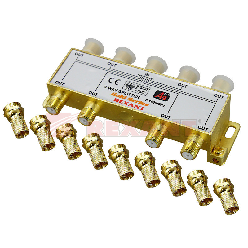 Делитель REXANT ТВ x 8+9 шт. F "BOX" 5-1000 МГц  "GOLD"