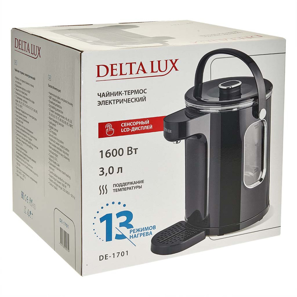 Термопот DELTA LUX DE-1701 (Черный, 3л, 1600Вт, закр.нагр.эл., нерж.сталь, LCD-диспл., 13реж.) Термопот DELTA LUX DE-1701 (Черный, 3л, 1600Вт, закр.нагр.эл., нерж.сталь, LCD-диспл., 13реж.)
