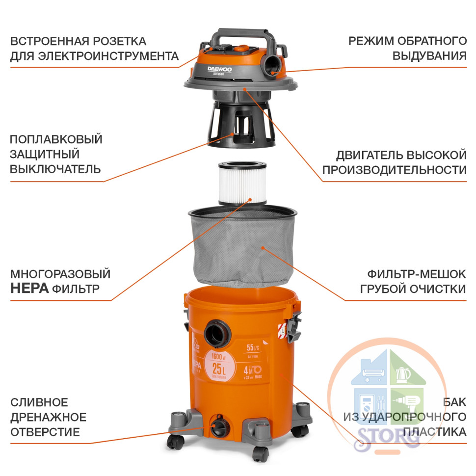 Пылесос строительный универсальный DAVC 2516S DAEWOO