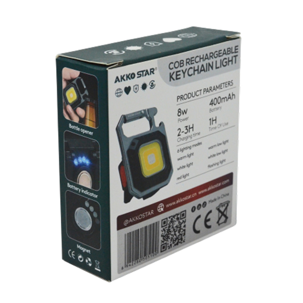 Фонарь-брелок светодиодный аккумуляторный AKKOSTAR 6- режимов 8W/400mAh подсветка COB (type-c)