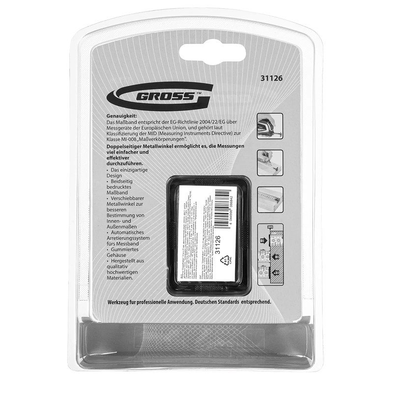 Рулетка Gross "Doppelhaken",10 м x 25 мм, двухсторонний зацеп, нейлон, двуст. шкала, автоматич.