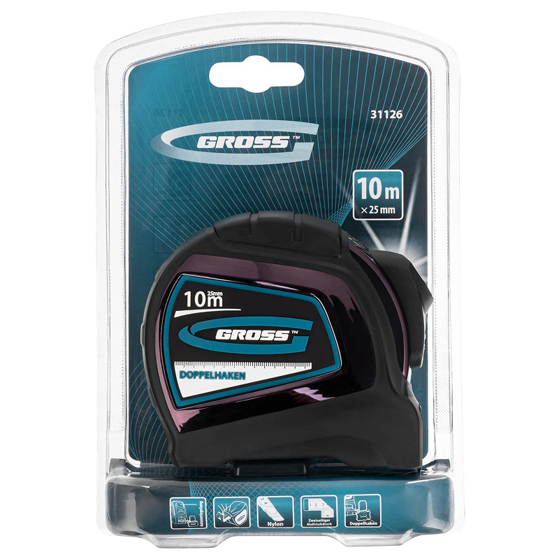 Рулетка Gross "Doppelhaken",10 м x 25 мм, двухсторонний зацеп, нейлон, двуст. шкала, автоматич.