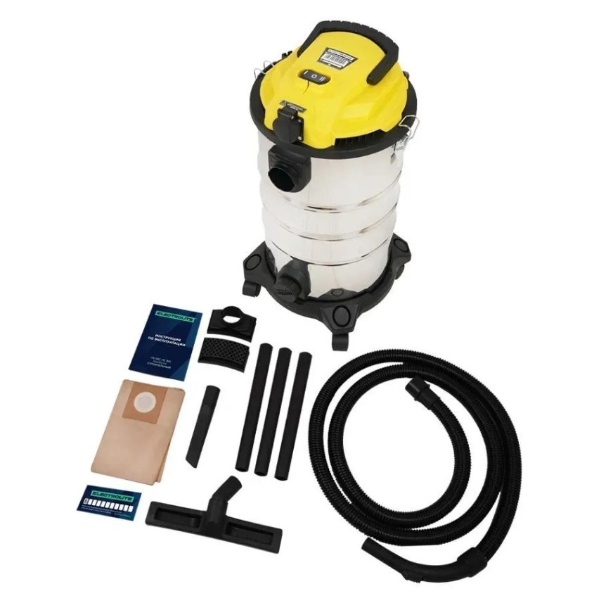 Пылесос ELECTROLITE ПС 30С, желтый, 1500Вт/220В, объем бака 30л/Металл, рукав 3м, вес 7.1 кг