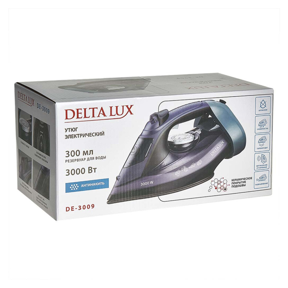 Утюг DELTA LUX DE-3009 Черный с фиолетовым, 3000Вт, керамика, антикапля, антинакипь