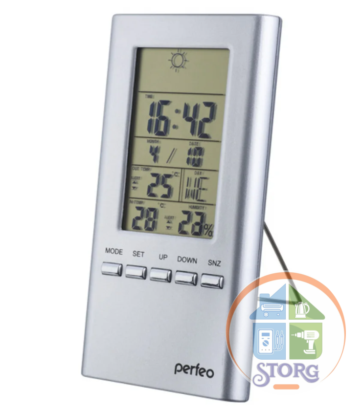 Часы-метеостанция Perfeo "Meteo", серебряный, (PF-S3331F) время, темп., датчик ул. темп., влажность