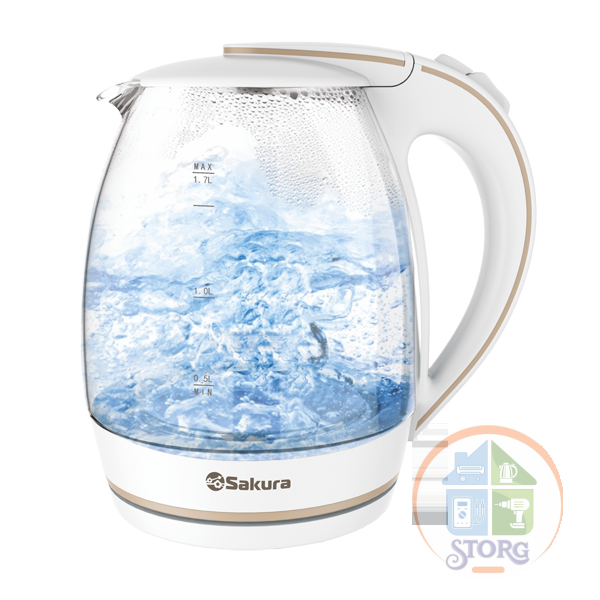 Чайник электрический SAKURA SA-2730W (Белый; Объем 1.7л; Мощность 2200Вт; Стеклянный; LED подсветка)