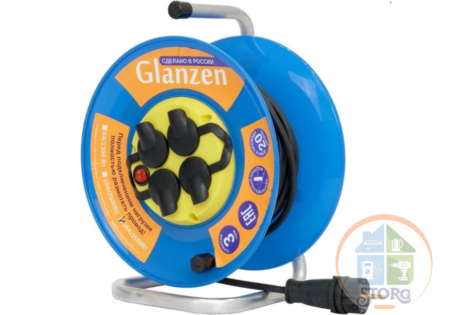 Удлинитель силовой на катушке GLANZEN с выкл. 4 гн. КГ 3х1,5 IP44 арт. EB-20-009