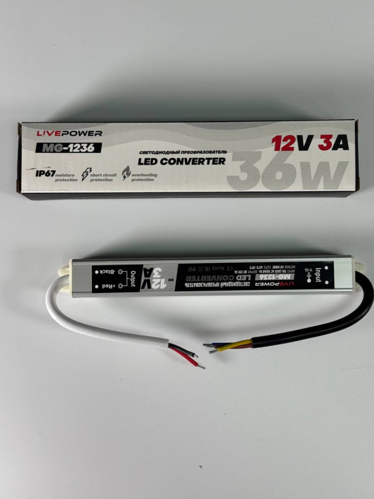 Блок питания для светодиодной ленты IP67 Slim MG-1236, 12V, 3A, 36W