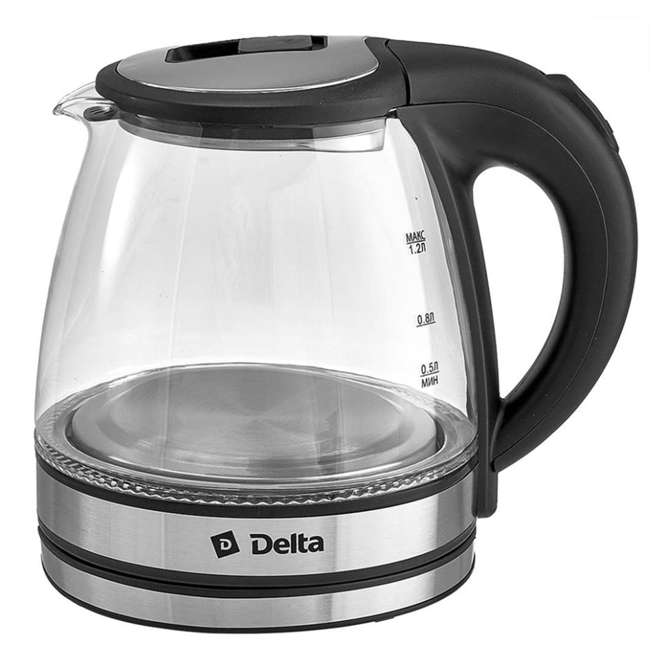 Чайник электрический DELTA DL-1121, ( Черный, 1,2л, 1500Вт, стеклянный, подсветка)