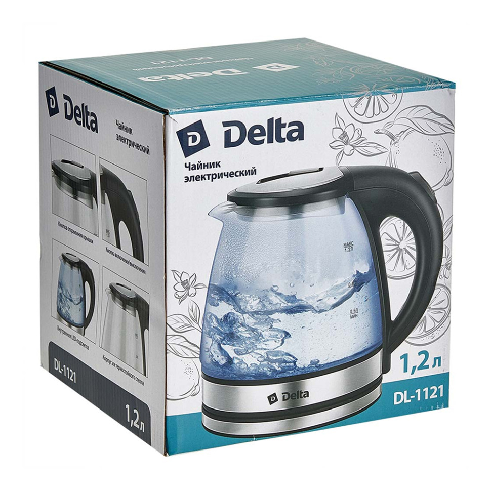 Чайник электрический DELTA DL-1121, ( Черный, 1,2л, 1500Вт, стеклянный, подсветка)