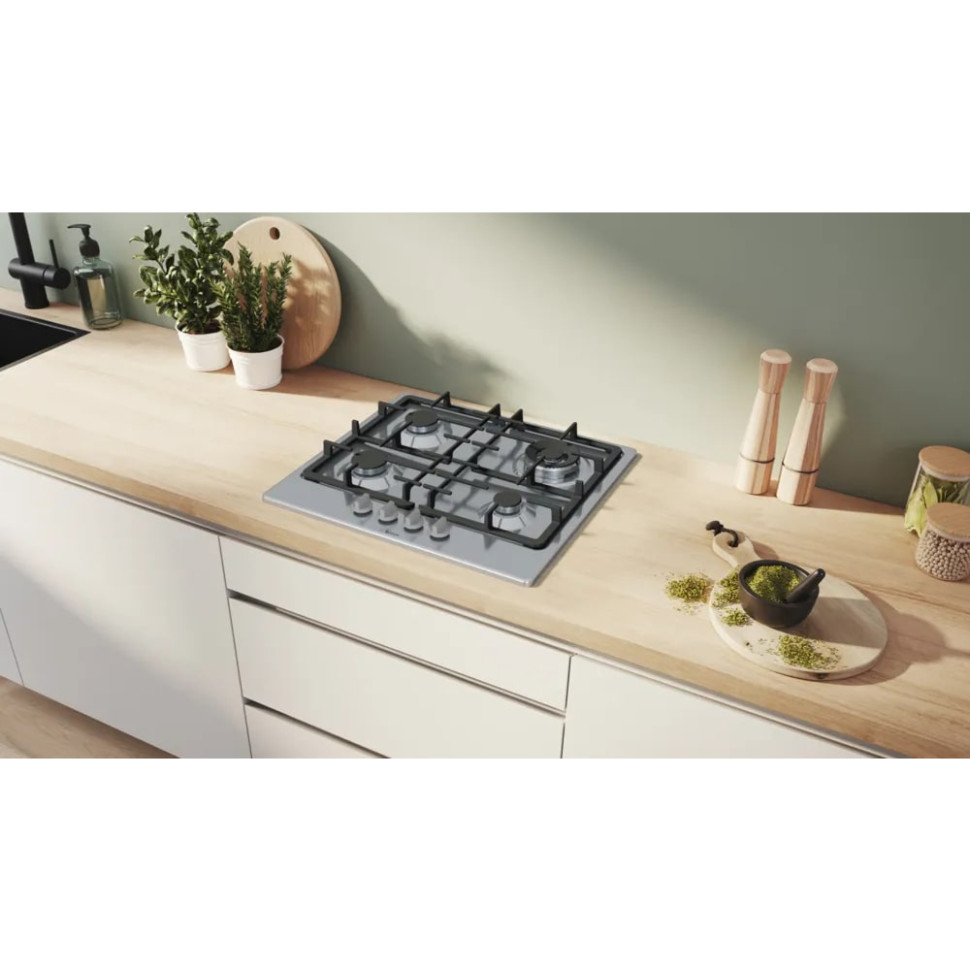 Встраиваемая газовая варочная панель Bosch PGH6B5K90R, 4конф.WOK, 8кВт, нерж.сталь, 560х(480–492)х45