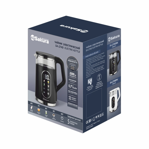 Чайник электрический SAKURA SA-2749DBK (1.7) двухслойн  стекл  5темп LED дисплей сенсорн