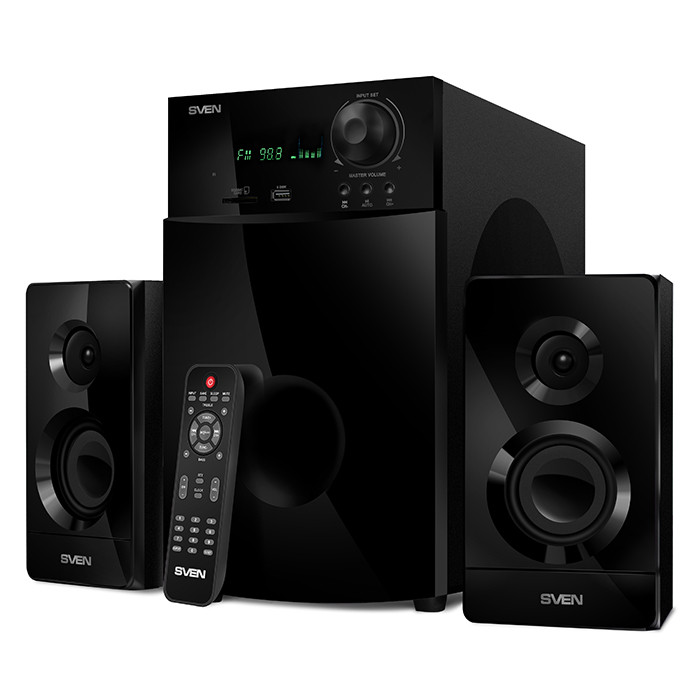 Sven MS-2100 акустическая система 2.1, FM-тюнер, USB/SD, дисплей, ПДУ, мощность 50 Вт+2х15 Вт, чёрн