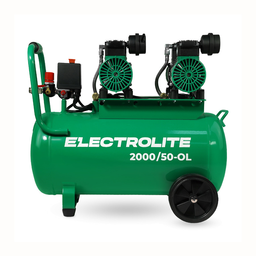 Компрессор безмасляный воздушный ELECTROLITE 2000/50-OL (220В,2кВт, 8бар,300л/м,1380об/м, 50л,2цил.)