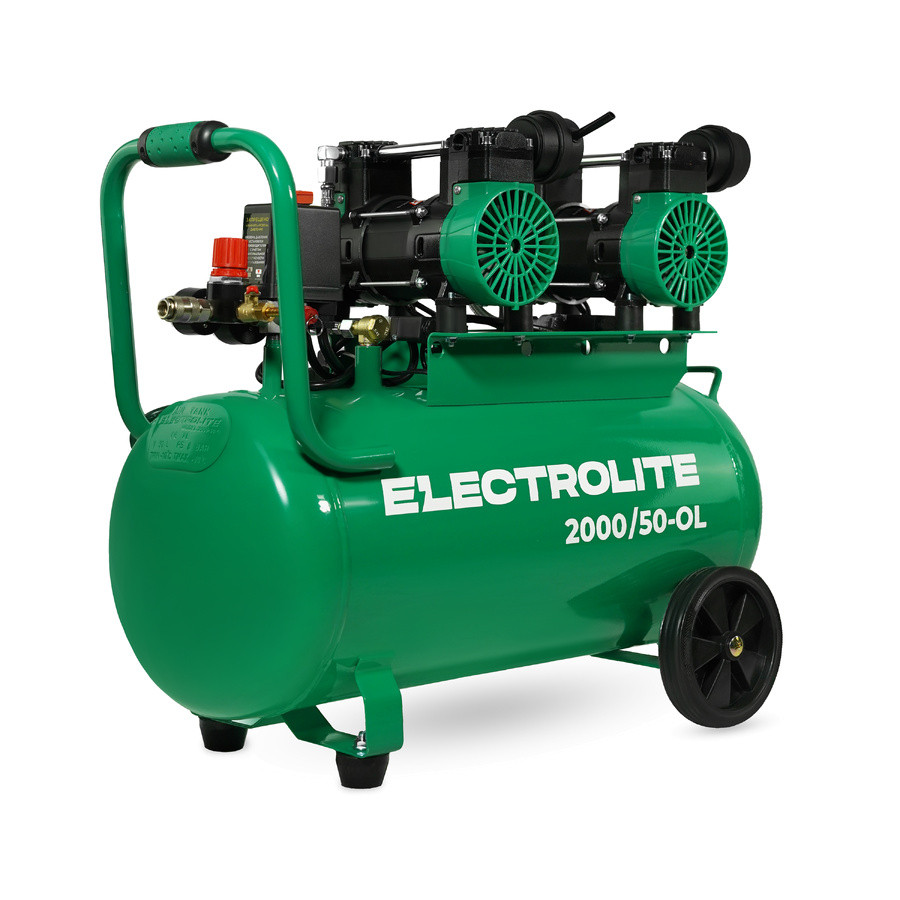 Компрессор безмасляный воздушный ELECTROLITE 2000/50-OL (220В,2кВт, 8бар,300л/м,1380об/м, 50л,2цил.)