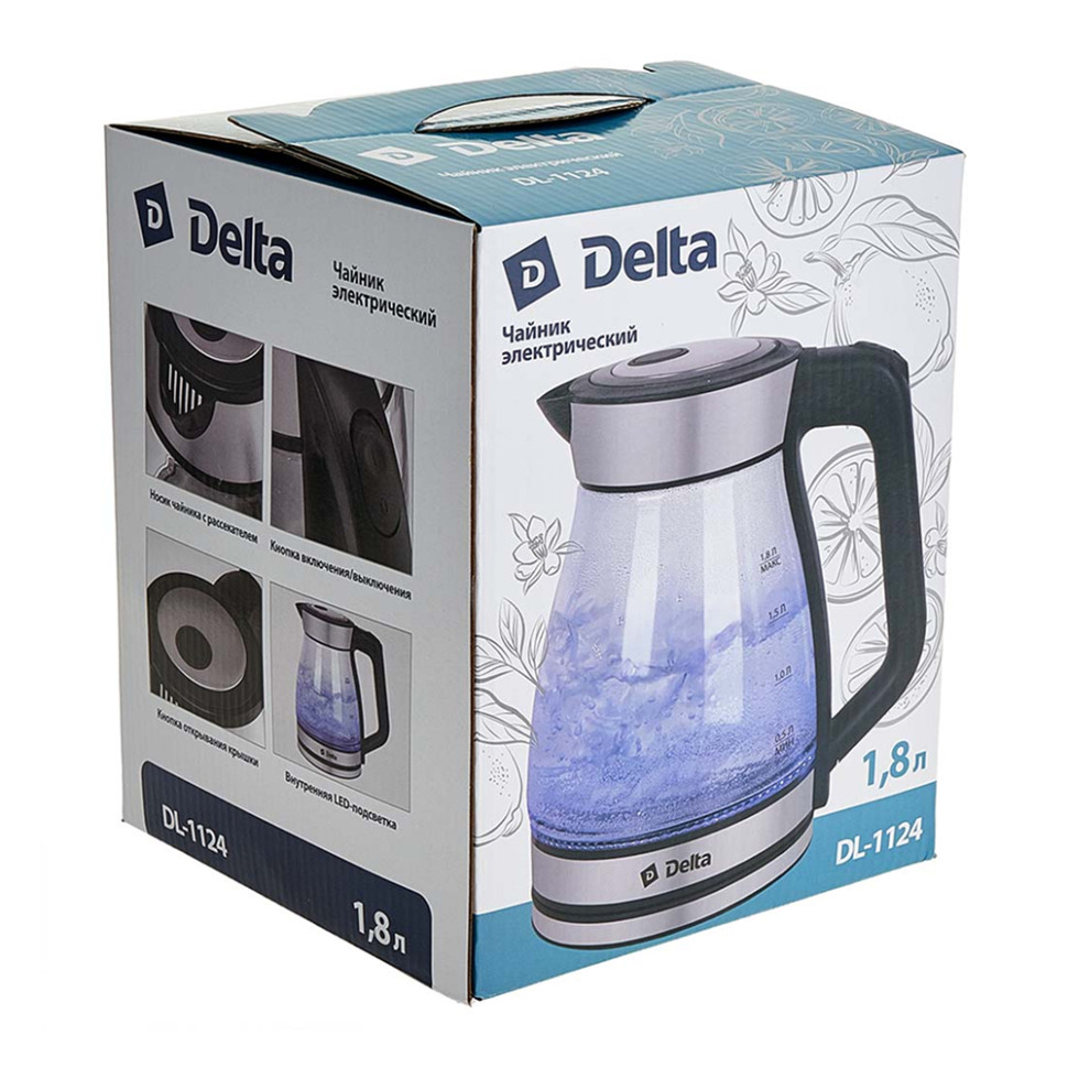 Чайник электрический DELTA DL-1124 ( Черный, 1,8л, 1500Вт, стеклянный, подсветка)