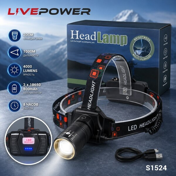 Налобный светодиодный фонарь Live-Power PLD-A850, 4000лм, дальн.1000м, зум, 3акк. 18650 800мАч 50pcs
