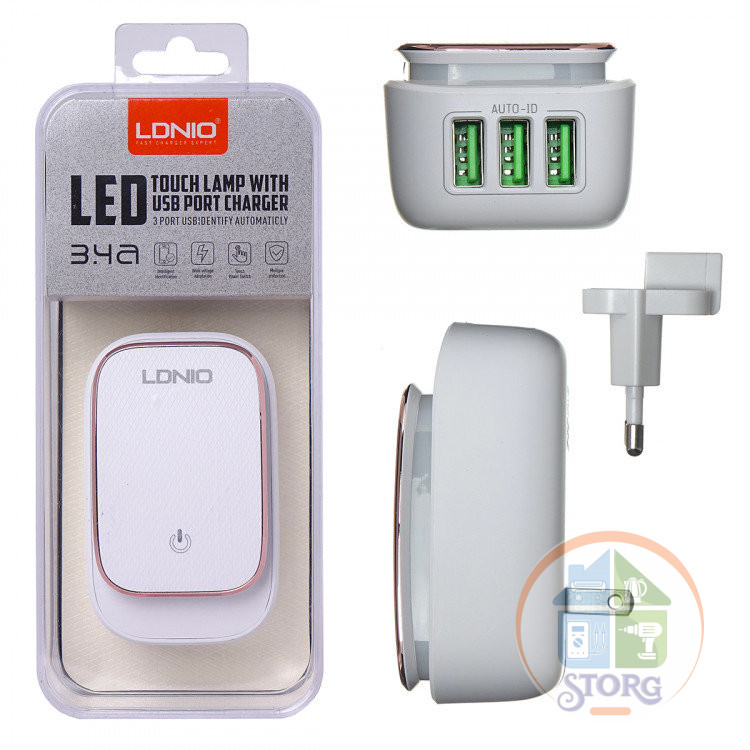 СЗУ ночник LDNIO A3305 3,4A 3USB ports + кабель MicroUSB 1m LED Lamp