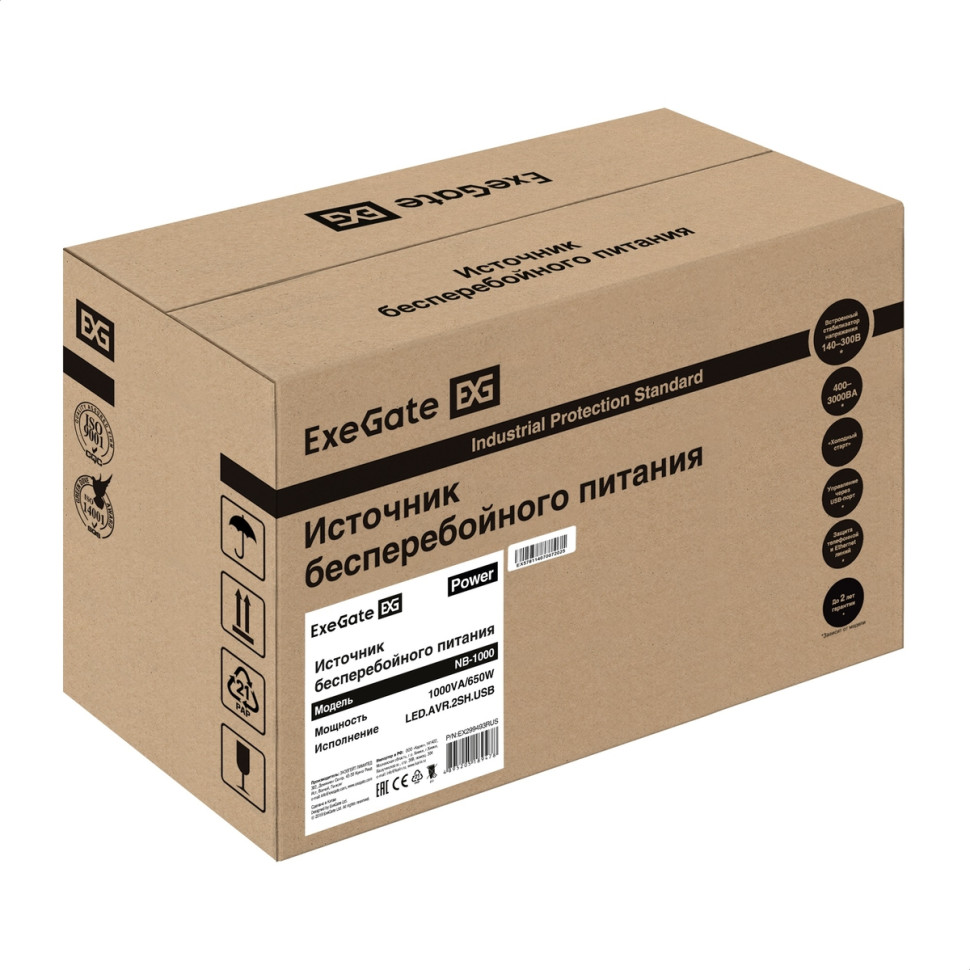 Источник бесперебойного питания ExeGate Power NB-1000.LED.AVR.2SH.USB, 1000VA/650W, LED, AVR, 2*Schuko, USB, батарея 12V 9Ah, Черный