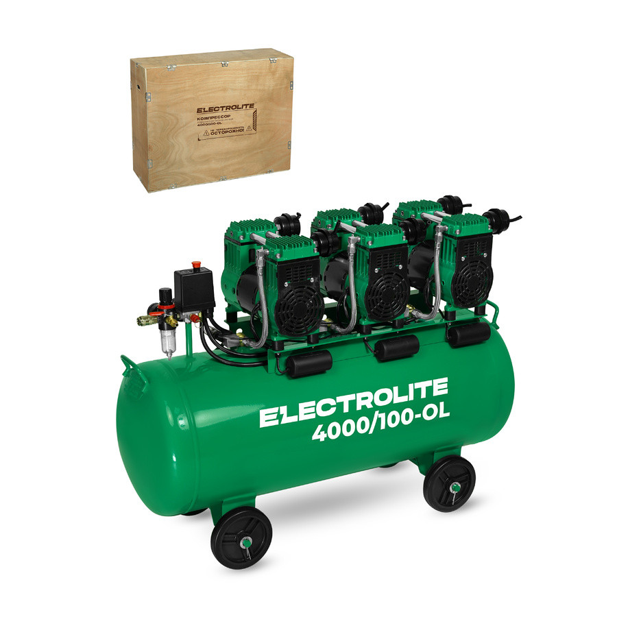 Компрессор безмасляный воздушный ELECTROLITE 4000/100-OL (220В,850л/мин,100л,4000Вт,8бар,2800об/мин)