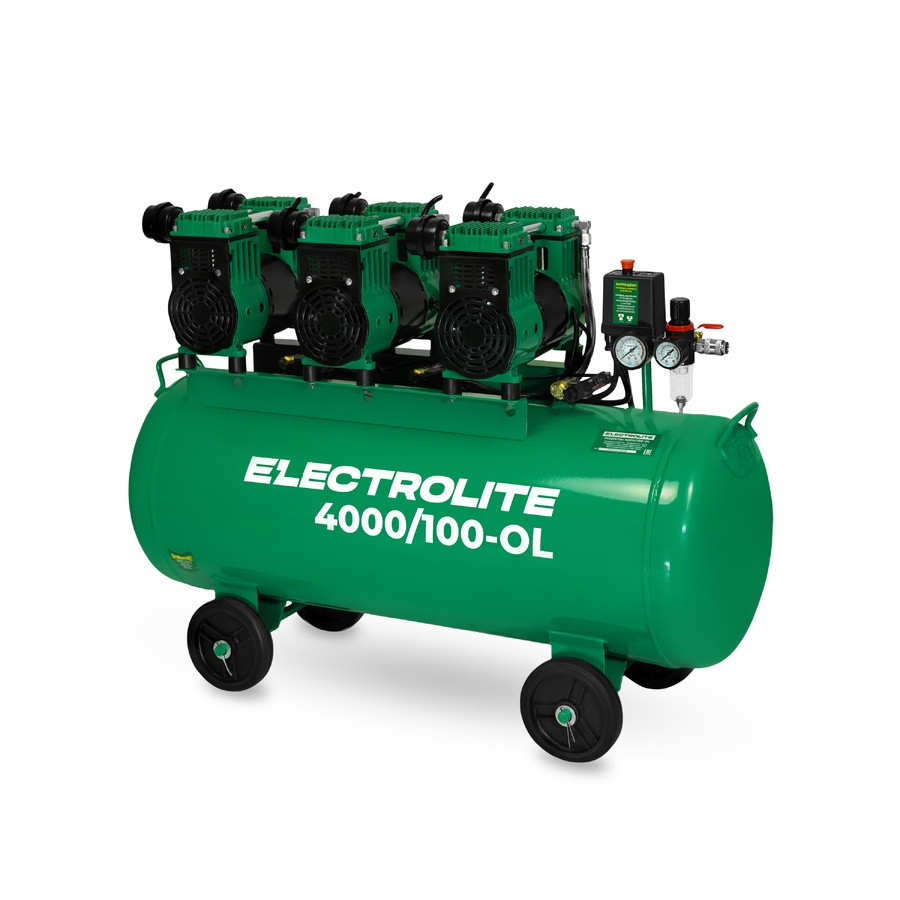 Компрессор безмасляный воздушный ELECTROLITE 4000/100-OL (220В,850л/мин,100л,4000Вт,8бар,2800об/мин)