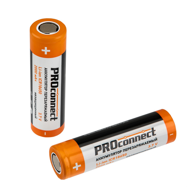 Аккумулятор Li-ion (литий-ион) PROconnect 18650, 3,7В, 2000мАч, без платы защиты, плоский контакт, 10 шт Аккумулятор Li-ion (литий-ион) PROconnect 18650, 3,7В, 2000мАч, без платы защиты, плоский контакт, 10 шт