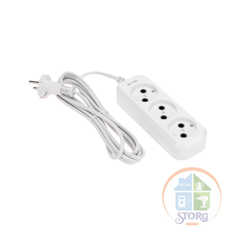 Удлинитель 3 гнезда, 3м, 2х0,75мм, б/з, белый PROconnect