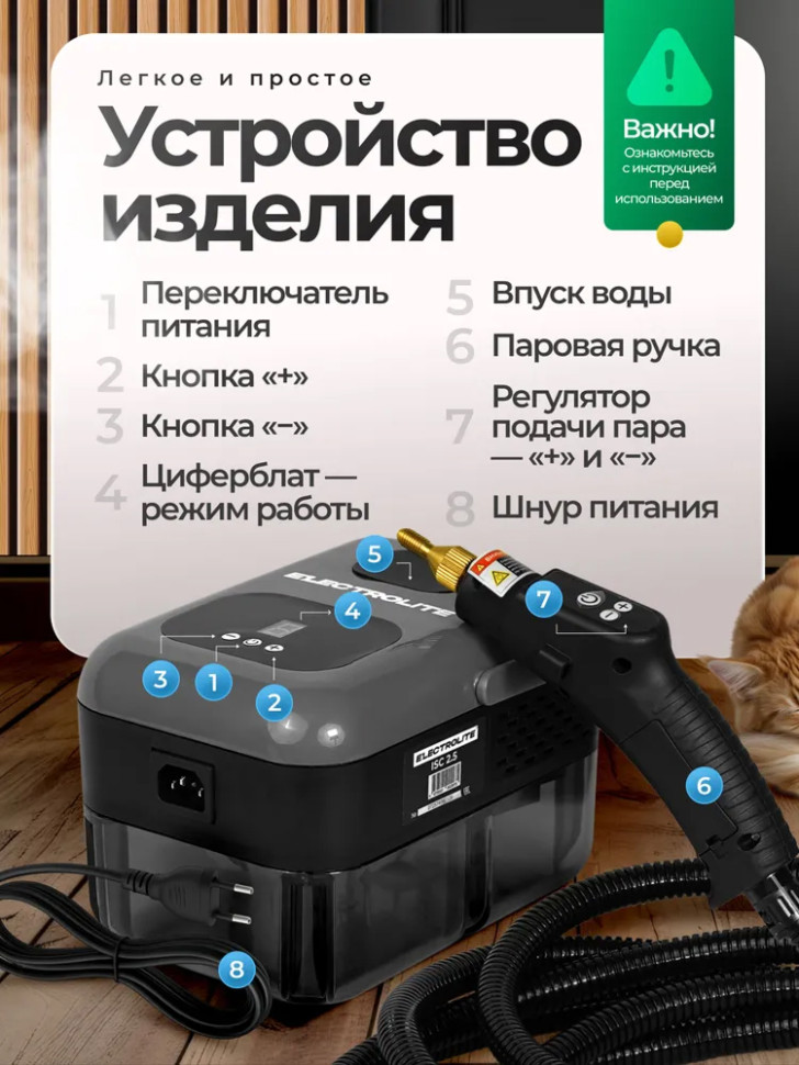 Пароочиститель для уборки дома ELECTROLITE ISC 2.5, мощный, 2500Вт, 1.2л, 6 насадок