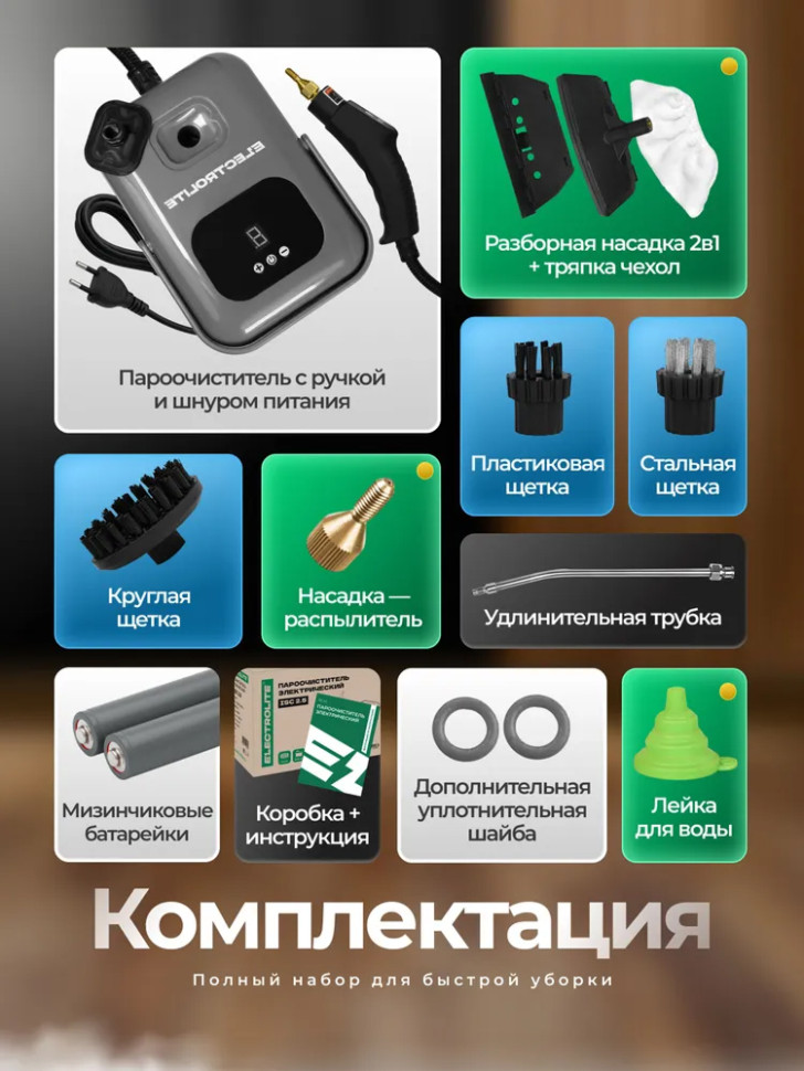 Пароочиститель для уборки дома ELECTROLITE ISC 2.5, мощный, 2500Вт, 1.2л, 6 насадок