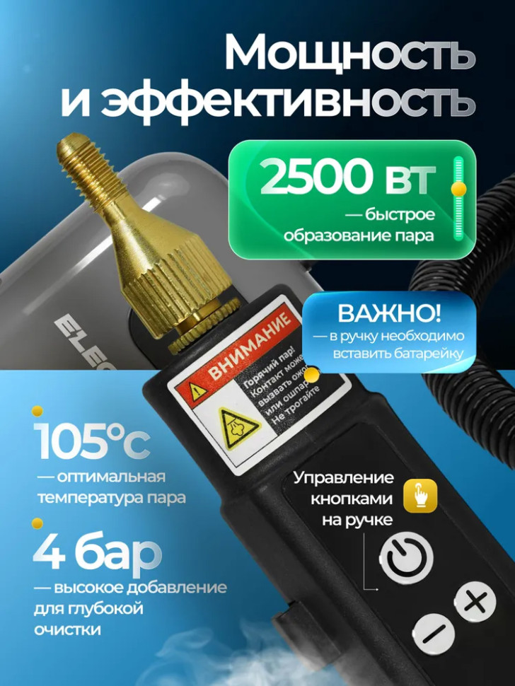 Пароочиститель для уборки дома ELECTROLITE ISC 2.5, мощный, 2500Вт, 1.2л, 6 насадок
