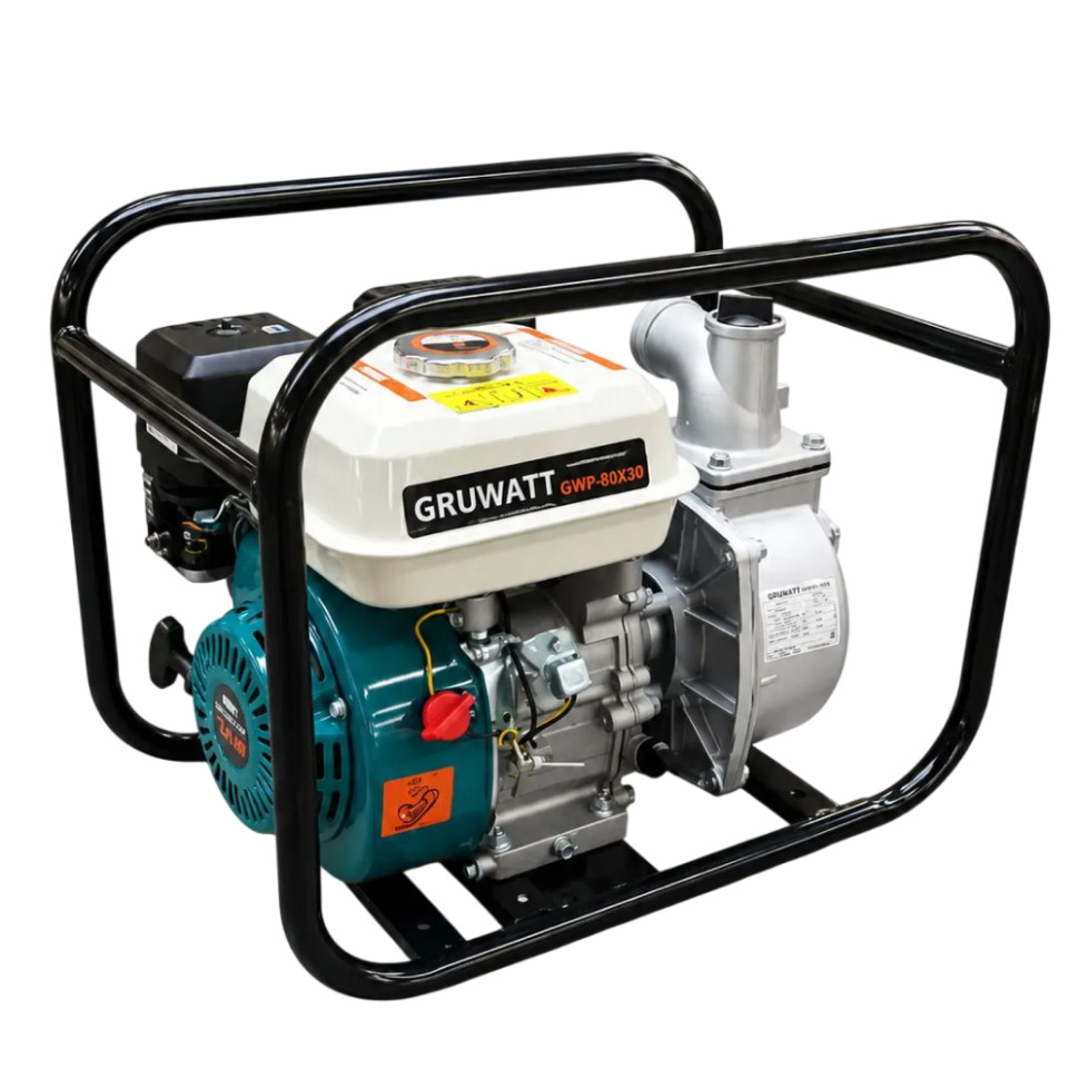 Мотопомпа бензиновая GRUWATT БМП-50/500, 4-такт., 7 л. с., 500л/мин, напор 27м, глубина 7м, ручной
