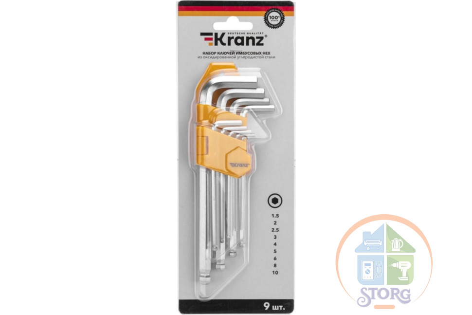 Набор ключей имбусовых HEX KRANZ 1,5-10 мм, CrV, 9 шт., удлиненные, с шаром