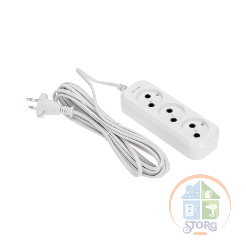 Удлинитель 3 гнезда, 5м, 2х0,75мм, б/з, белый PROconnect