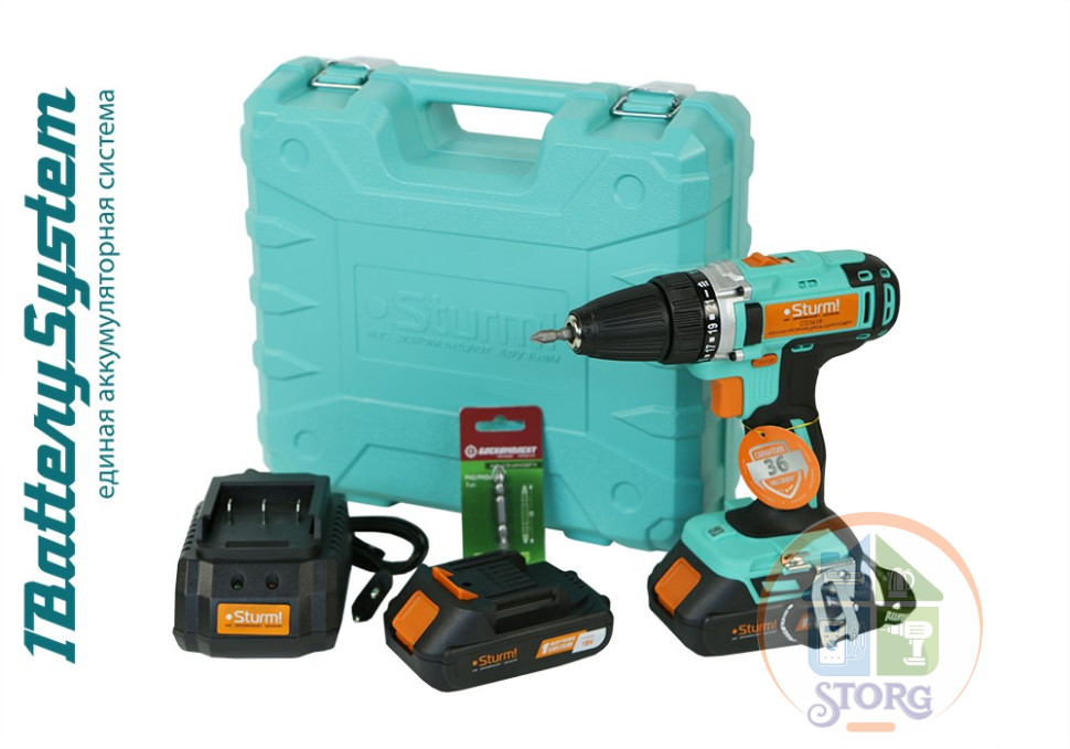 Дрель аккумуляторная Sturm! CD3618, 18 В, 1BatterySystem,  2 акк., 2,0 Ач, кейс