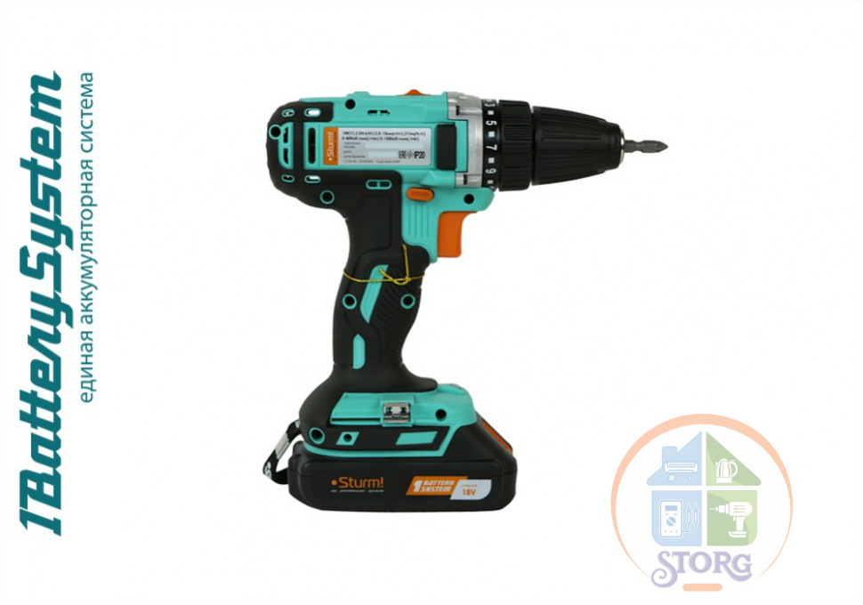Дрель аккумуляторная Sturm! CD3618, 18 В, 1BatterySystem,  2 акк., 2,0 Ач, кейс