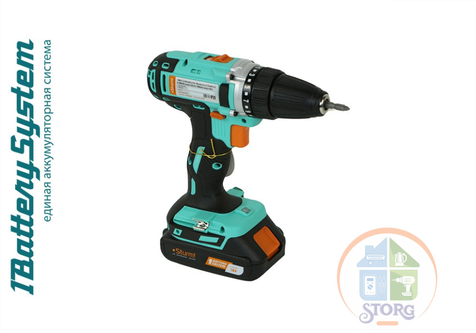 Дрель аккумуляторная Sturm! CD3618, 18 В, 1BatterySystem,  2 акк., 2,0 Ач, кейс
