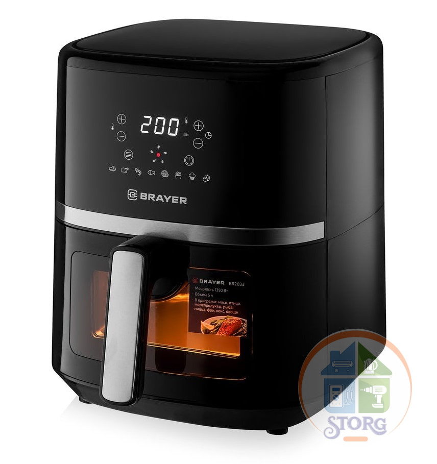 Аэрогриль BRAYER BR2033 чёрный, 1350 Вт, 6л, упр. - сенсор, программ - 8