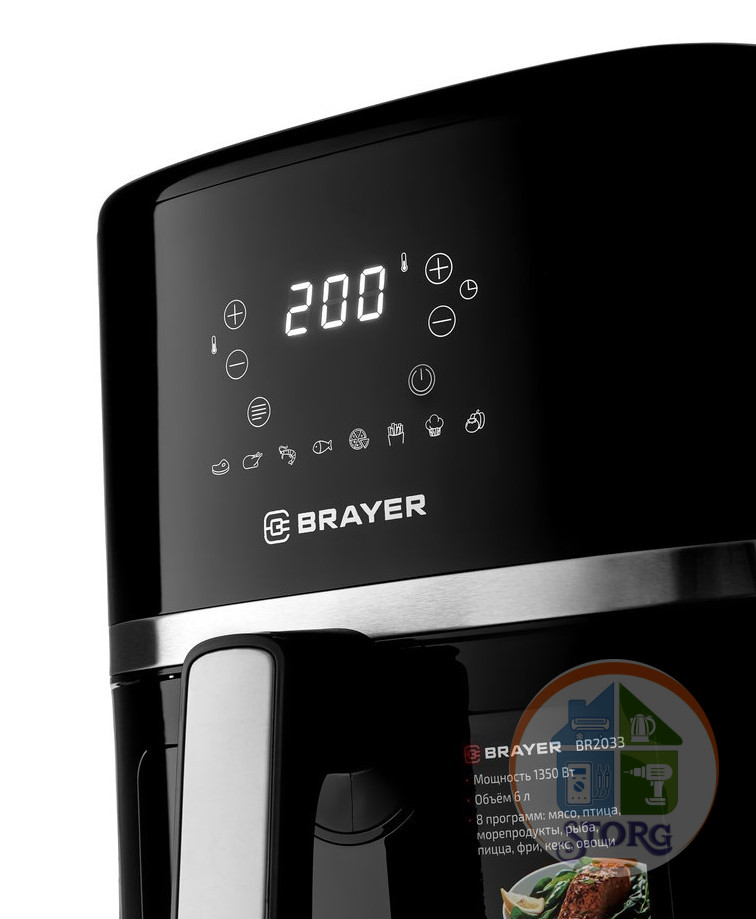 Аэрогриль BRAYER BR2033 чёрный, 1350 Вт, 6л, упр. - сенсор, программ - 8