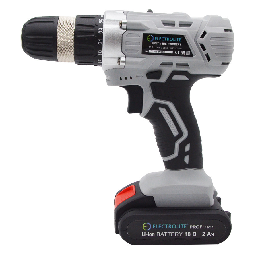 Шуруповерт аккумуляторный ELECTROLITE PROFI 18/2.0, Li-ion, 18В, 2Ач, холостой ход 0-350/0-1350 об/мин, 2скорости, 2акк, блокировка вала, подсветка, индикатор заряда