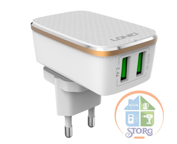 СЗУ LDNIO A2204 2,4A Auto-ID 2USB ports + кабель Lightnibg Белый