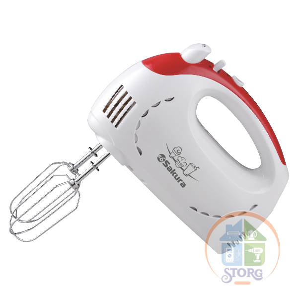 АКЦИЯ! Миксер ручной SAKURA SA-6319R, белый/красн., 350Вт, 5 скоростей, Турбо-режим, 2 крюка/венчика