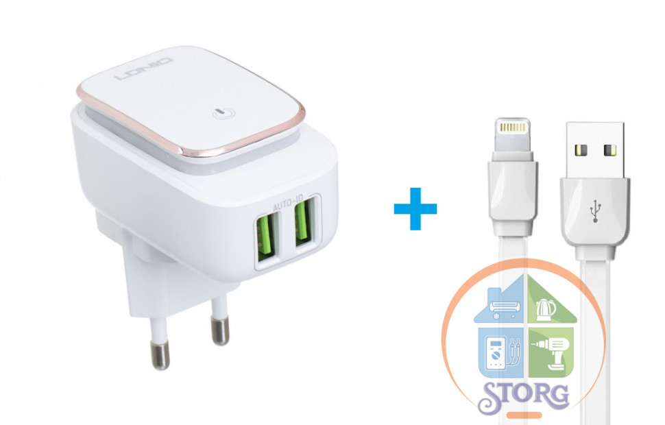 СЗУ ночник LDNIO A2205 5V2,4A Auto-ID 2USB ports + кабель Lightning Белый