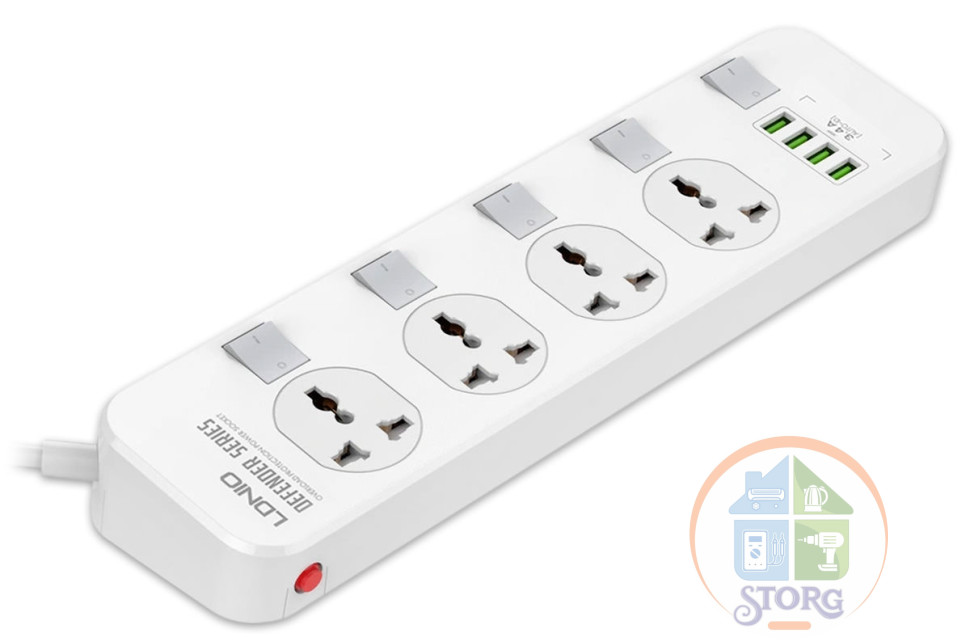 Сетевой фильтр LDNIO SC4408/ 2м/ 4  розетки EU_UK_US/ 2500W/ 4 USB/  Выключатели на розетки/ White