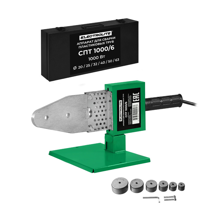Паяльник для полипропиленовых труб ELECTROLITE СПТ 1000/6, 6 насадок (20-63мм), металлический кейс