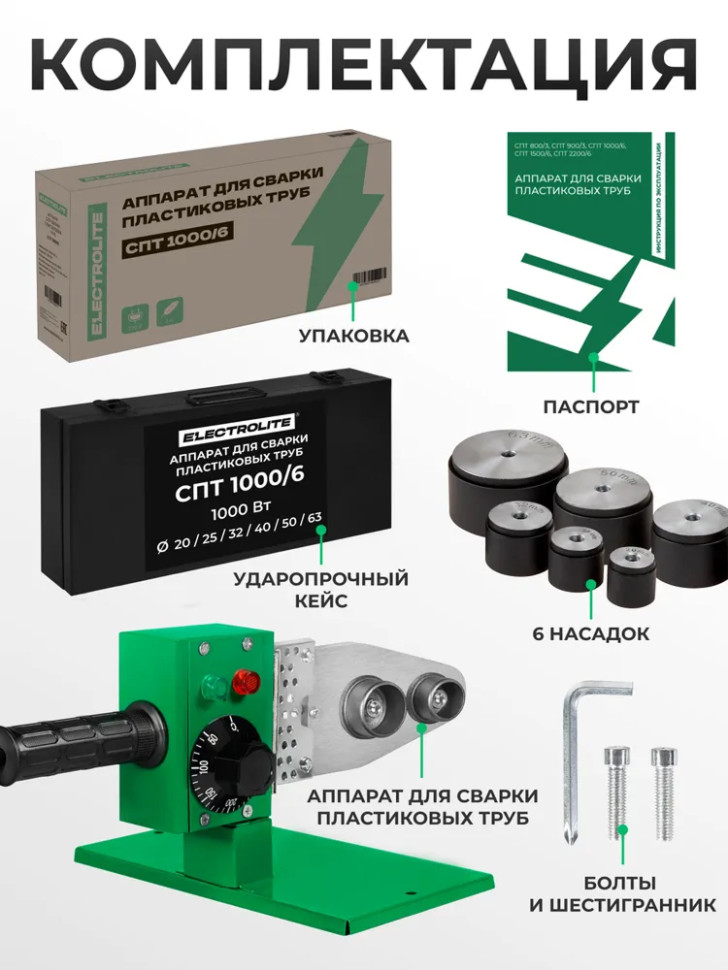 Паяльник для полипропиленовых труб ELECTROLITE СПТ 1000/6, 6 насадок (20-63мм), металлический кейс